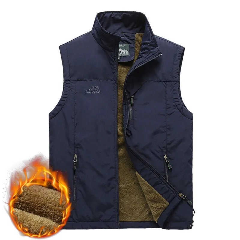 Winter Warm Vest Men Multi Pockets Fleece Liner Thickness Autumn Waistcoat Photographer Reporter Sleeveless Jacket Plus Size 4XL