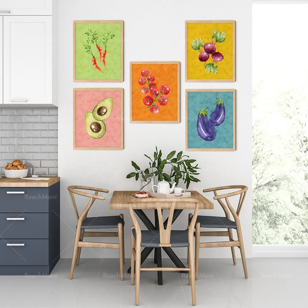 Colorful vegetable art poster, eggplant, avocado, carrot, tomato, popular fruit and vegetable art deco kitchen canvas print
