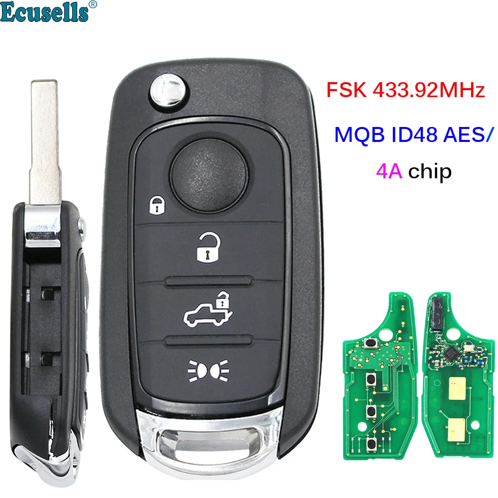 4 Buttons Flip Remote Key FSK 433.92MHz Megamos MQB ID48 AES or 4A Chip for Fiat Egea Tipo 500X 2016 2017 2018 Uncut SIP22 Blade