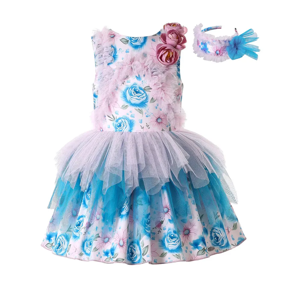 Pettigirl New Children Kids Evening Party Princess Birthday Dresses Tulle Summer Clothese Age 3456789 10 11 12Y & Hairband