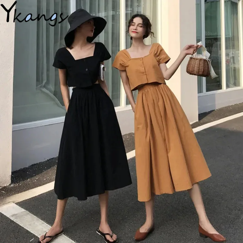 

Women'S vintage 2pcs Sets French Short Sleeved Top + High Waist Long A-Line Pleated Skirt Female Summer Black Suit For Students