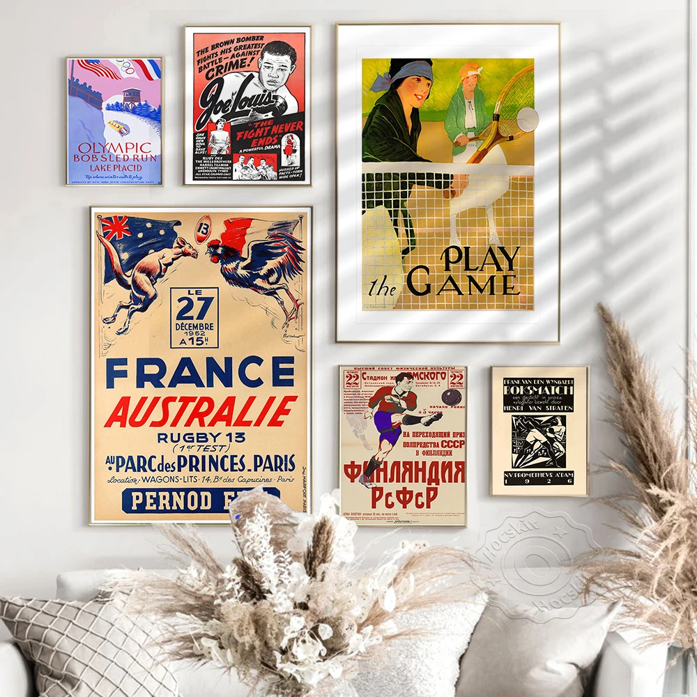ملصق مسابقة رياضية عتيقة، فن طباعة كرة القدم والملاكمة والتزلج والرجبي والتنس، ملصقات حائط رياضية قديمة، لوحة قماشية، #1