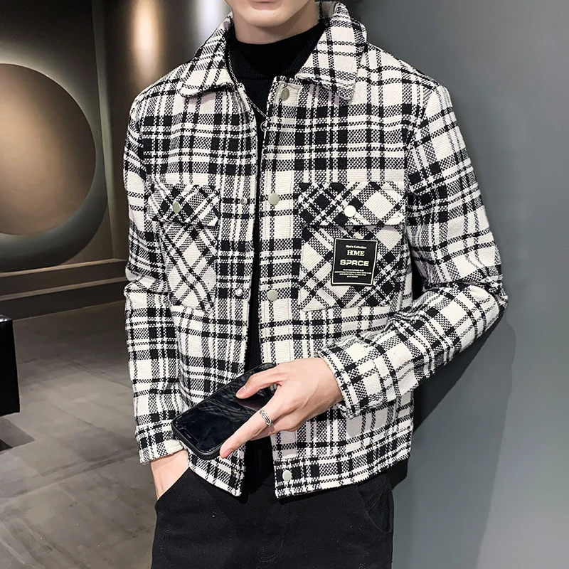 

New Winter Woolen Coat Men Fashion Casual Tartan Woolen Jacket Men Streetwear Wild Loose Large Size Man Jackets Overcoat S-3XL