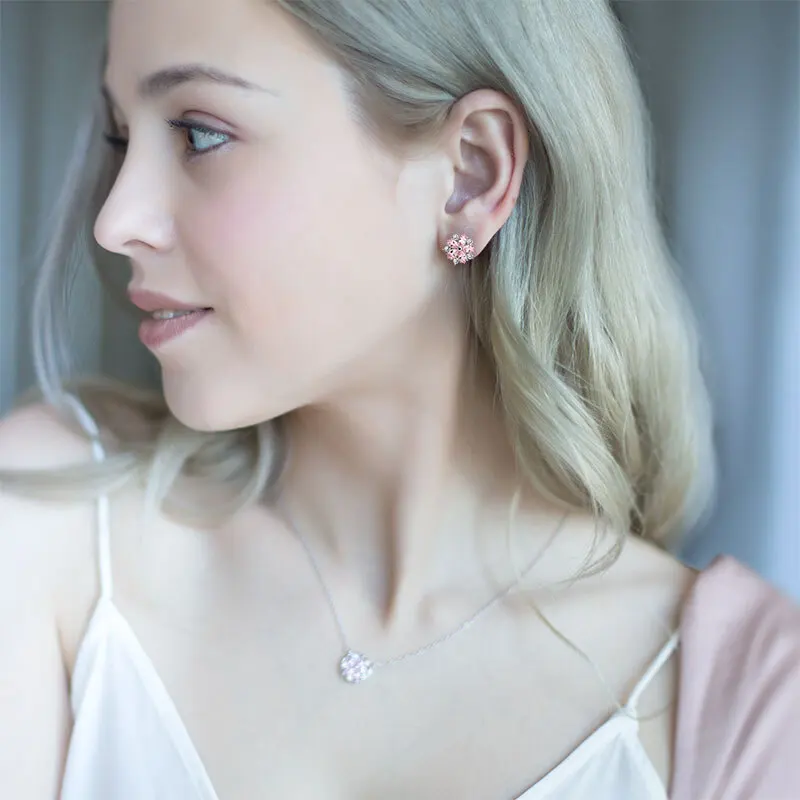 925 Sterling Silver Snowflake Pink Quartz Earrings for Women 925 Silver Jewelry Cute Stud Earring Engagement Party Jewellery