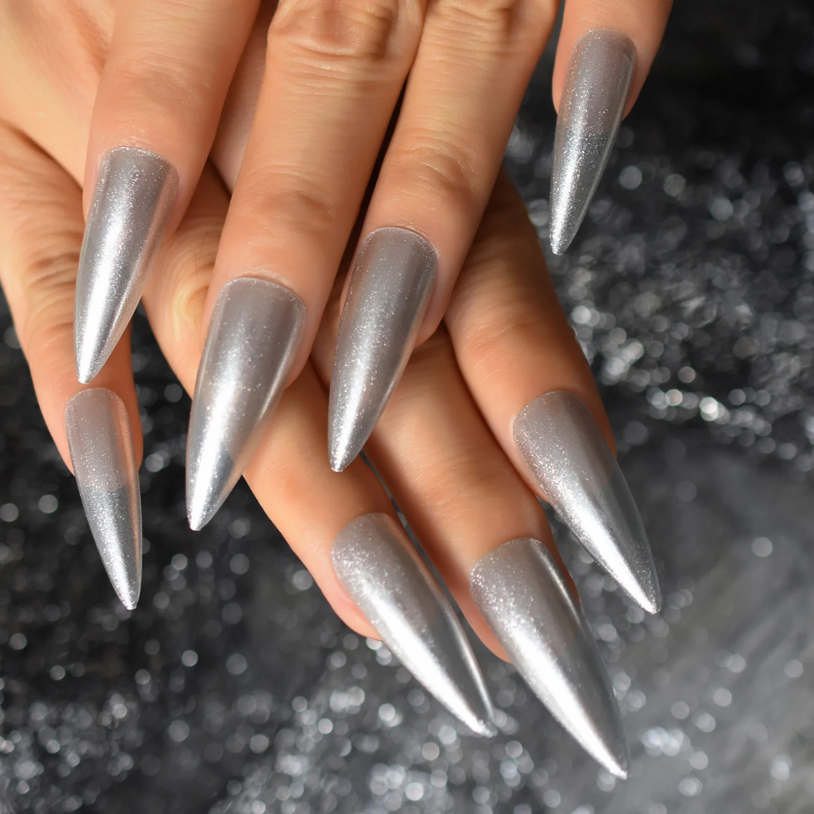 Polvo de plata brillante, punta afilada, Stiletto superlargo, Uñas postizas, calcomanías para salón de belleza, puntas artificiales