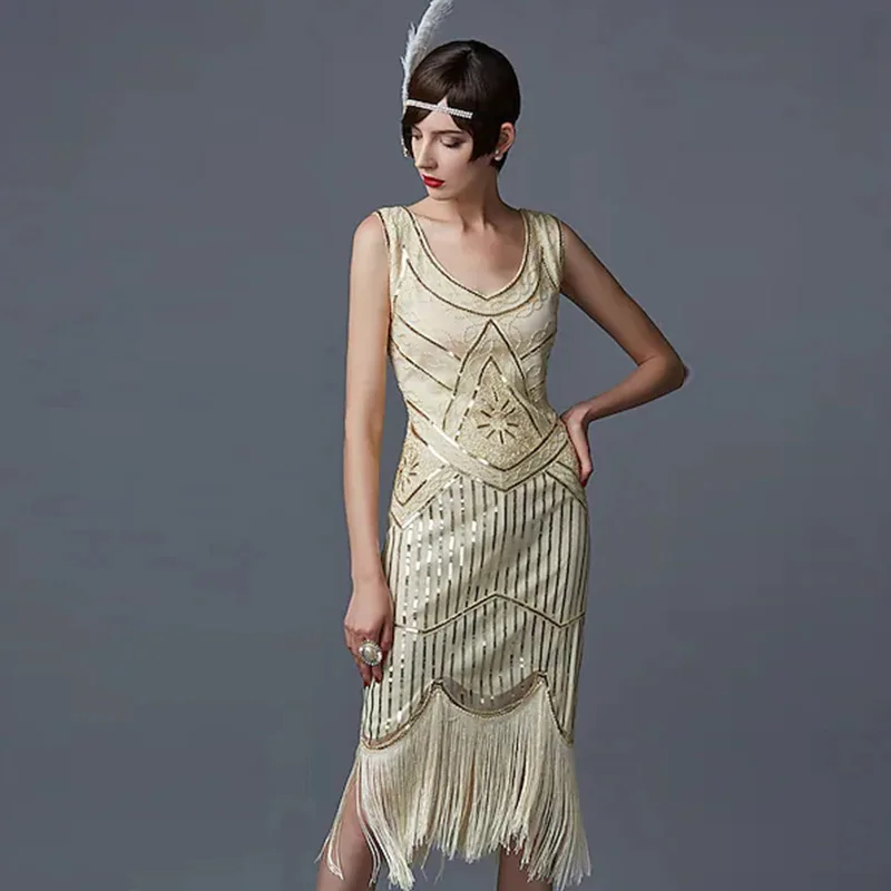 Women Party Dress 1920 s Great Gatsby Flapper Vestidos Sequin Bead Fringe Dress Evening V Neck Embellished Fringed Sleeveless