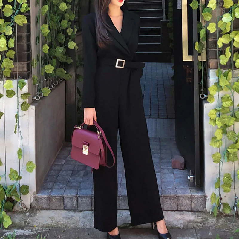 2019 Winter Korean Style OL Solid Color Jumpsuits Women Turn Down Collar Belted Long Romper Formal Work Wear Playsuits Plus Size