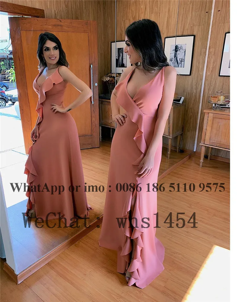 Mcullyd – robe de soirée de forme trapèze, tenue de soirée longue, Sexy, col en v, fente latérale, couleur pêche, Satin, modèle de luxe, 2023