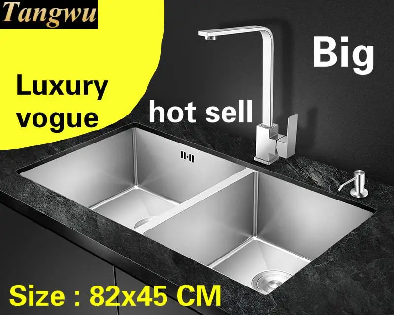 

Free shipping Apartment vogue luxury large kitchen manual sink double groove 304 stainless steel hot sell 820x450 MM