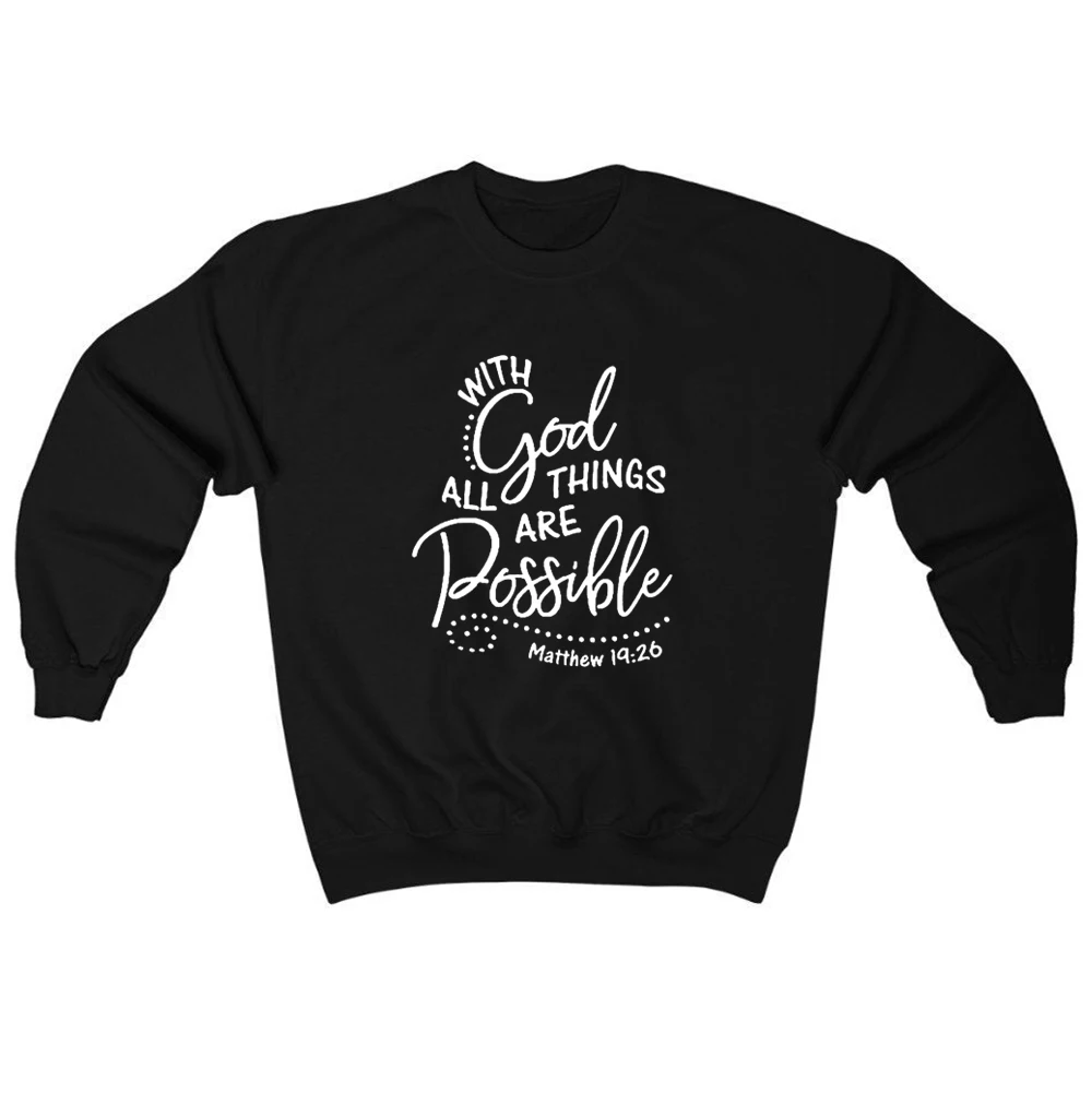 

Loose Women Hoodies Harajuku Sweatshirt Coat Autumn Spring with God All Things Are Possible Christian Faith Religious Pullover