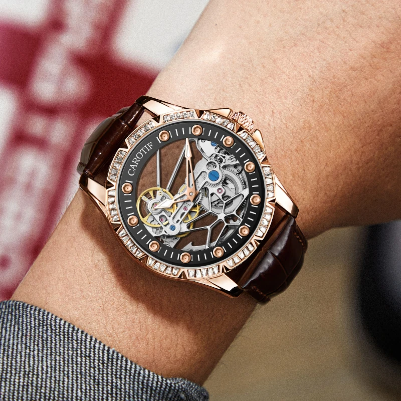 Men Fashion Transparent Men\'s Watch Mechanical Wristwatch Skeleton Automatic Watch for Men Business Leather Strap Clock relogio