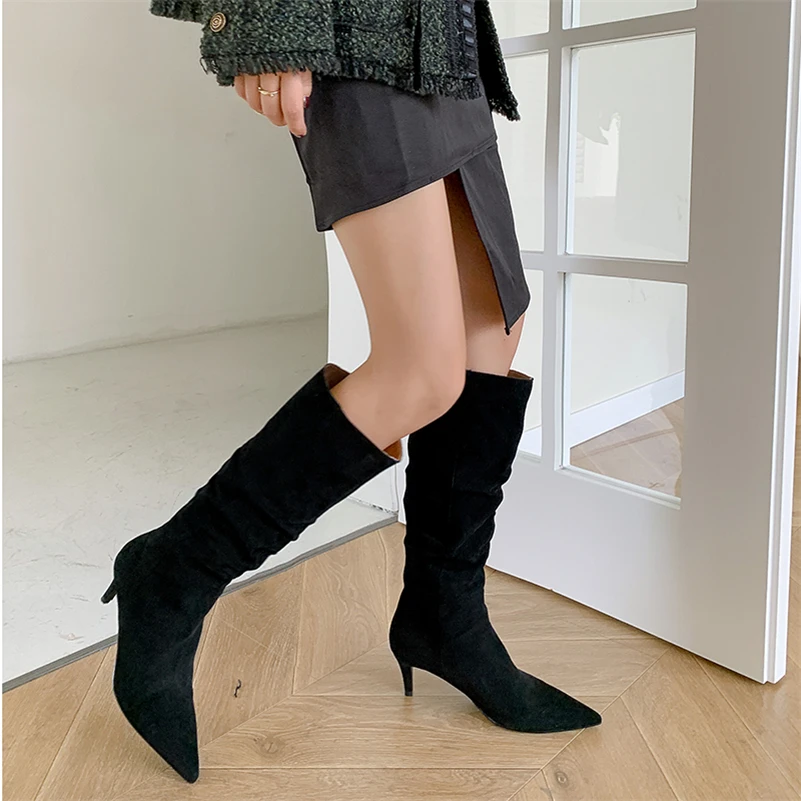 Meotina Genuine Leather Knee High Boots Cow Suede Women Shoes Thin High Heel Boots Pointed Toe Ladies Boots Autumn Black Brown