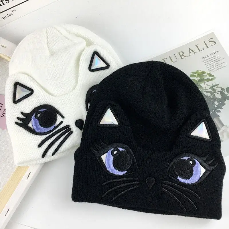 Cotton Cat Modeling Embroidery Thicken Knitted Hat Winter Warm Hat Skullies Cap Beanie Hat for Men and Women 18