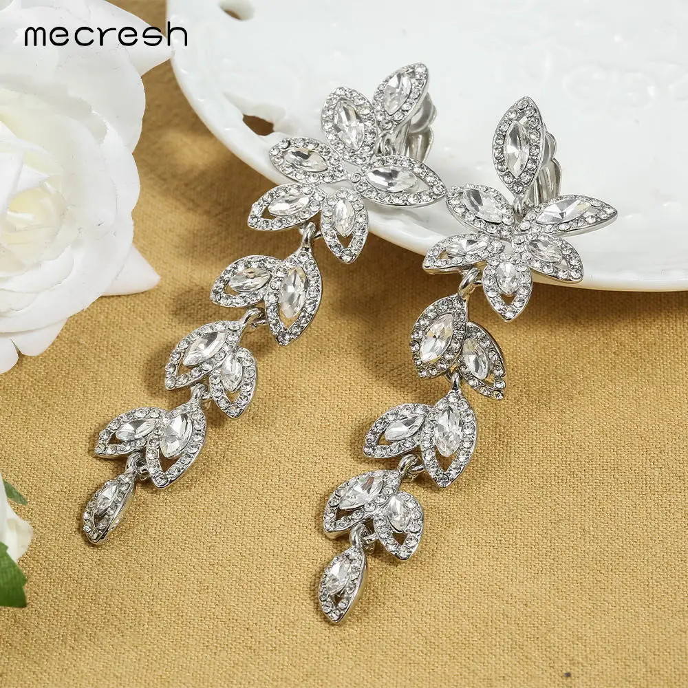 

Mecresh Leaf branch Crystal Clip On Earrings for Women Silver Color Marquise Bridal Long Clip Earrings Without Piercing 282-Clip