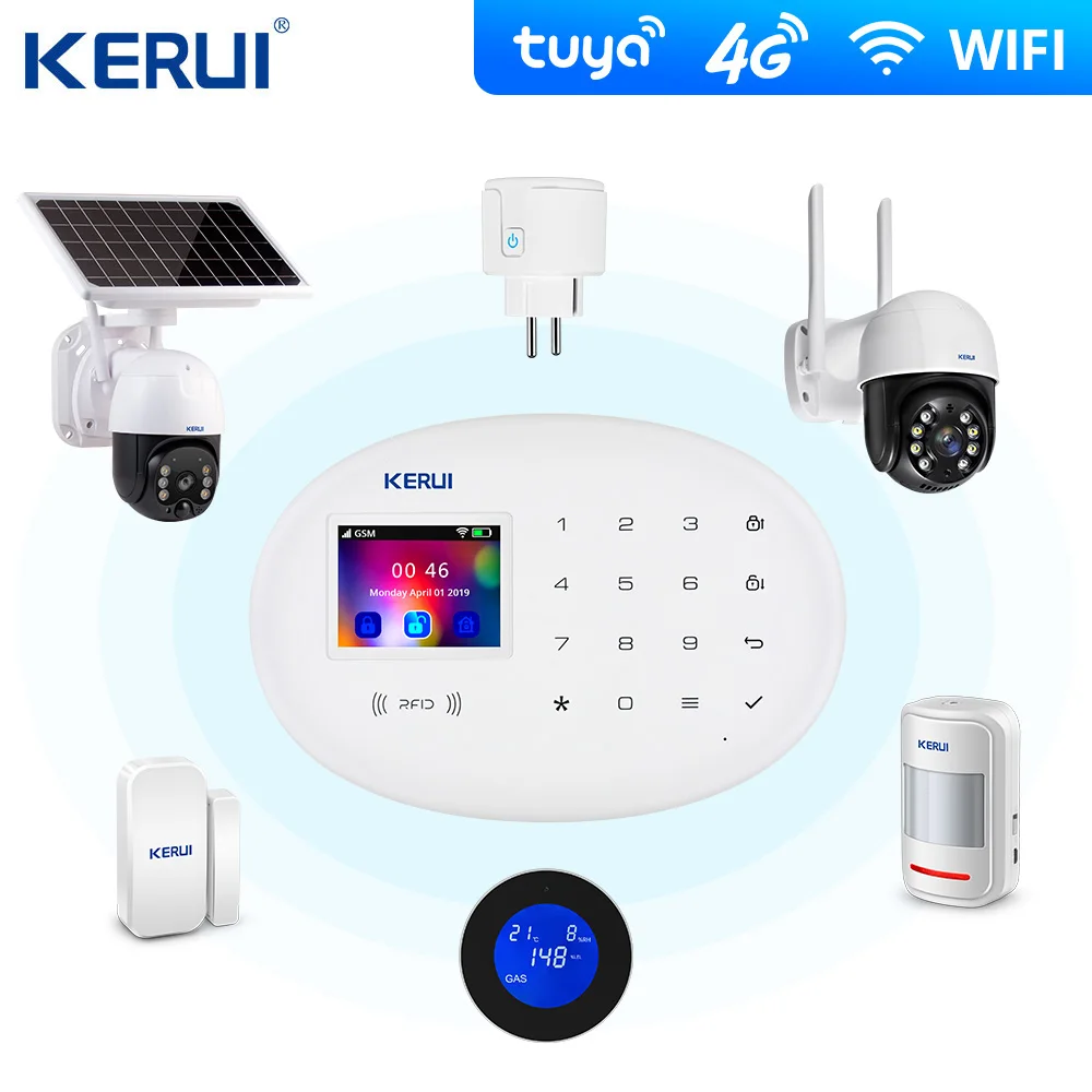 Kerui Tuya 4G W204 Wireless Wifi GSM Home Alarm GSM SMS Burglar Alarm System For Home Security Alarm Tuya Camera Solar Siren