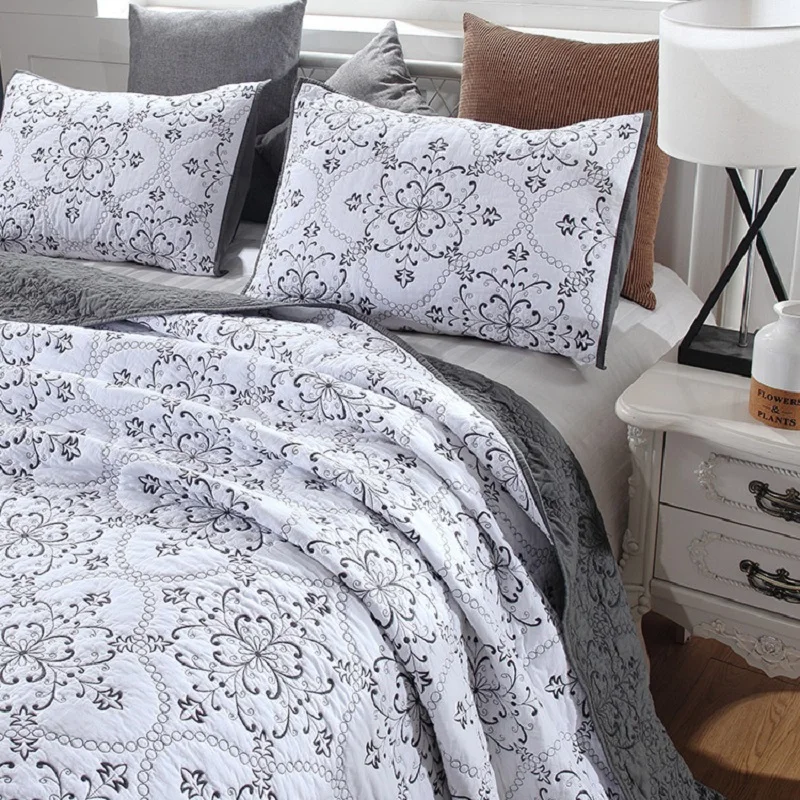 3pcs Solid Color Embroidered Cotton Quilt Set King Queen Size - All Season Quilted Bedspread Coverlet Blanket for Bed
