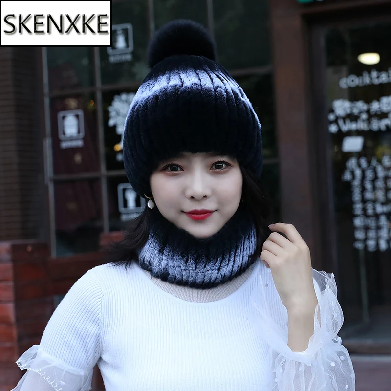 

Women Warm Real Rex Rabbit Fur Hat Scarf Winter Knitted 100% Natural Fur Hats Scarves Sets Lady Fashiom Thick Rex Rabbit Fur Hat