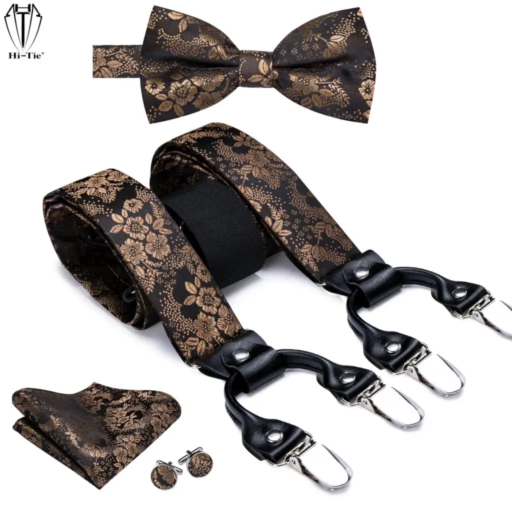 Hi-Tie 100% Silk Mens Suspenders Set Gold Flowers 6 Clips Vintage Adjustable for Men Braces Bowtie Hanky Cufflinks Y Back Straps