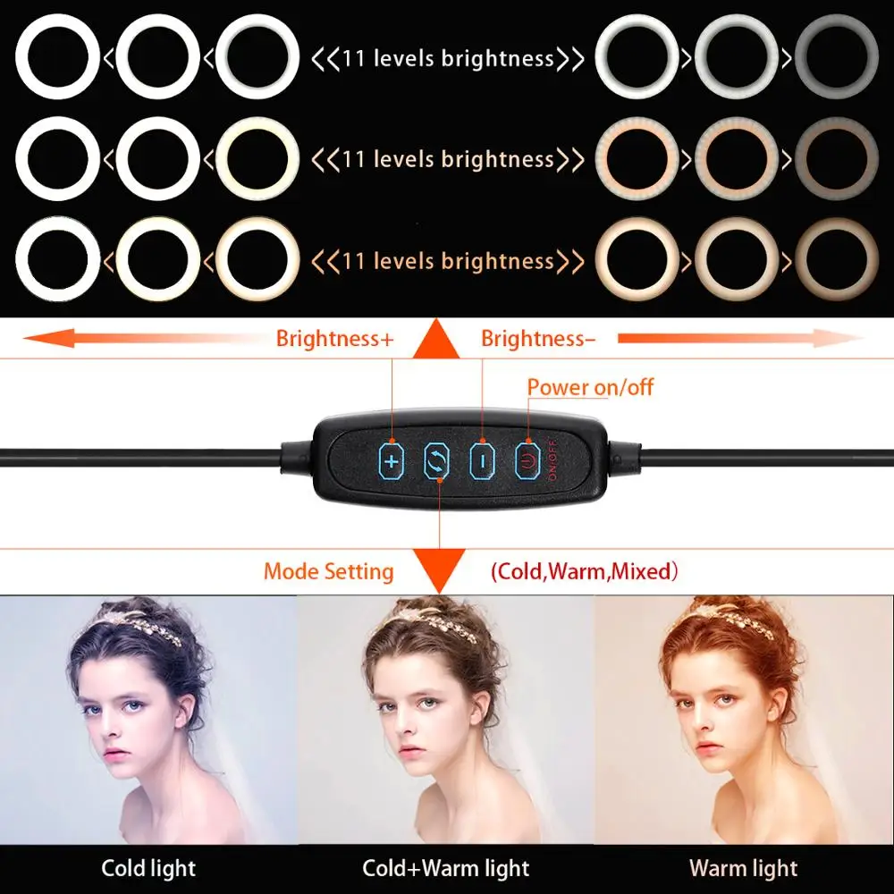 Fusitu-LED selfie Ring Light, 10 ", Fotografia, LED, Flash, Lâmpada, Vídeo, Regulável, Tripé, Suporte do telefone, YouTube