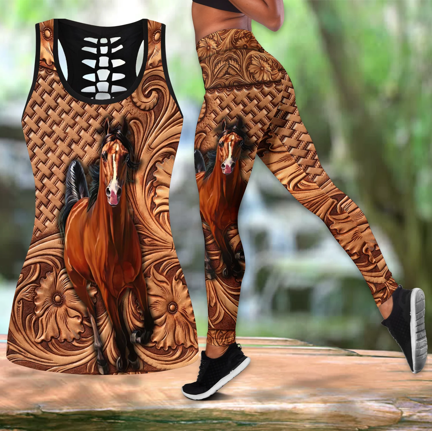 Beautiful Love Horse Art 3D Printed Hollow Tank Top & Leggings Set Fitness Female Full Length Leggings Running Pants DDK71