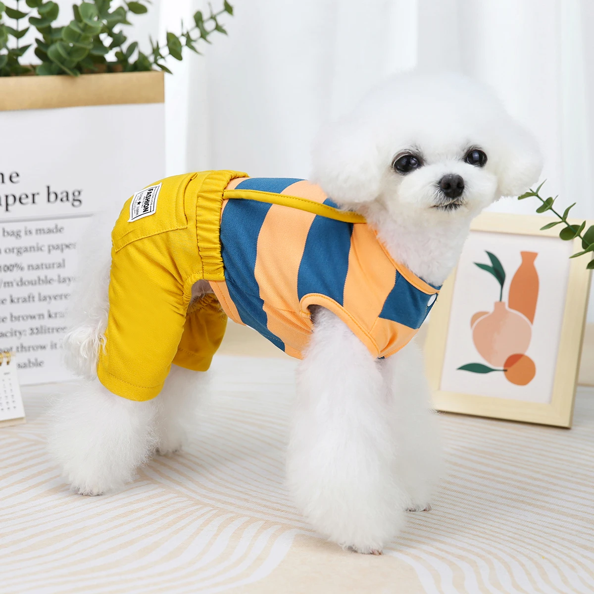 New Puppy Wide Striped Overall Dog Clothes Spring Summer Soft Coat Bichon Yorkshire Dog Home Clothing Cheap Dogs Costume Bib