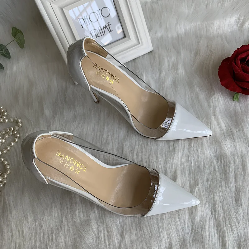 2023 autumn new style white patent transparent PVC pointed toe women lady clear heel  12cm thin heel available big small size