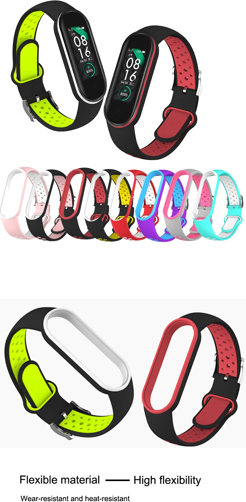 Gürtel Für Xiaomi Mi Band 5 6 Zwei-farbe Silikon Armband Sport Atmungsaktive Strap Für Miband 5 Miband 7 ersatz Armband – Detail 1