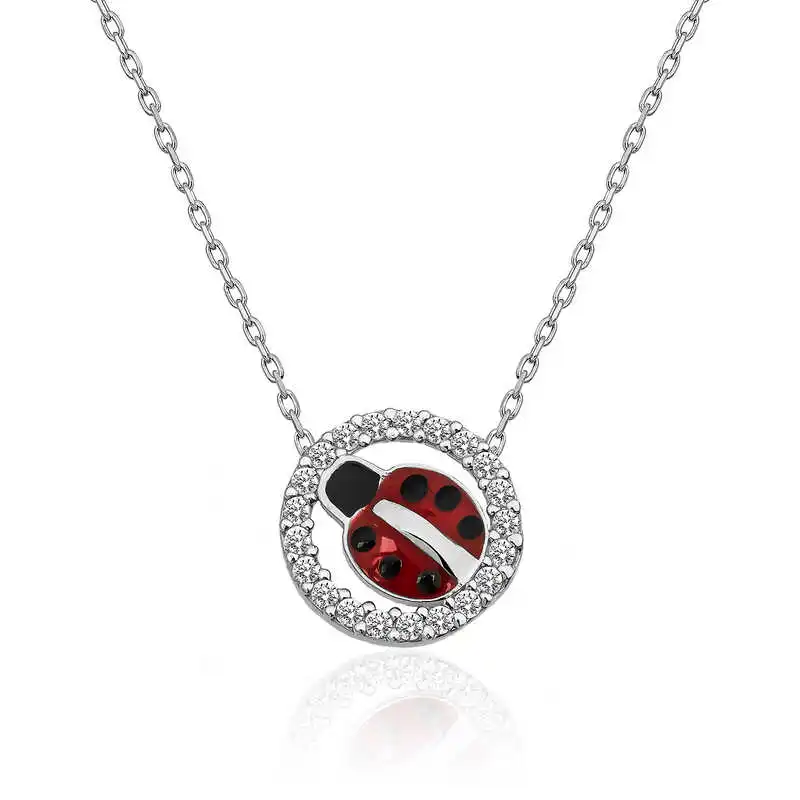 Silver Ladybug Lady Necklace Zircon Stone 925 Sterling Women Fine Jewelry Wedding Party Birthday Gift - Box - Pendant - Chain Choker - Female - Ladies - Fashion