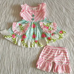 Wholesale Baby Girl Flower Clothing Children Summer Pocket Top Toddler Pink Ruffle Stripe Shorts Kids Floral Outfit Fashion Set