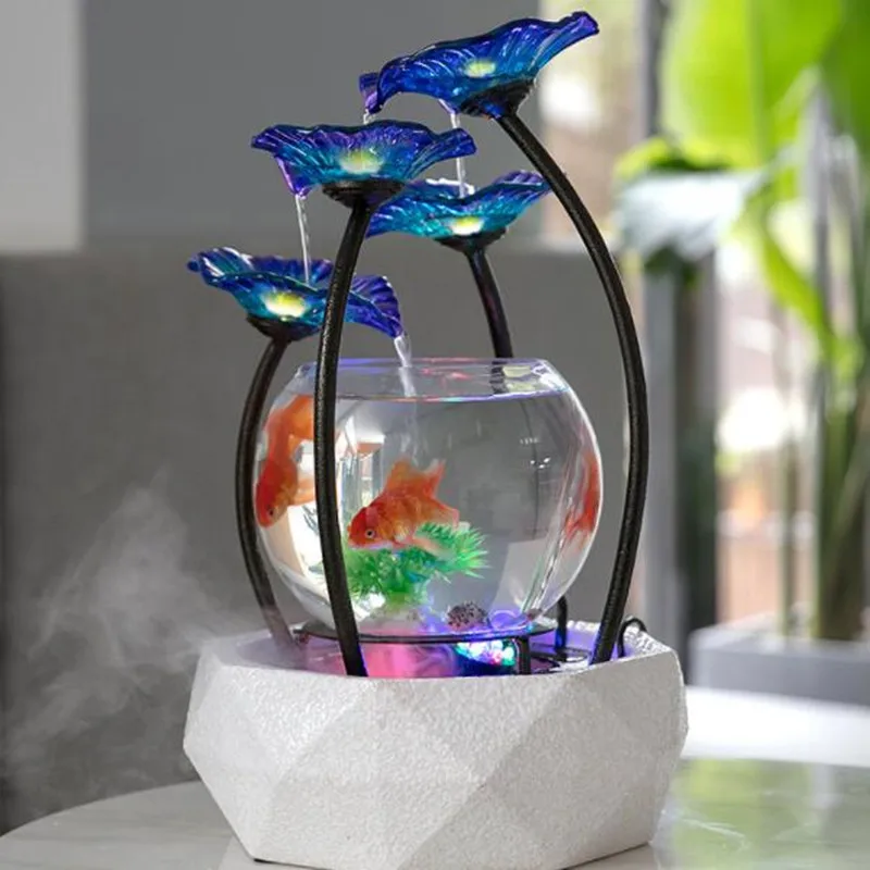 Glass Fish Tank for Living Room Creative Ceramic Water Fountain Humidifier Home TV Cabinet Desk Decoration Gift Fountain Pump