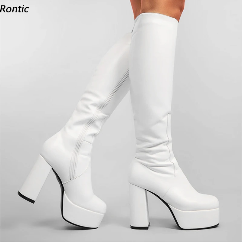 Rontic Fashion Women Winter Platform Knee Boots Faux Leather Chunky Heels Round Toe Elegant Black White Party Shoes US Size 5-15