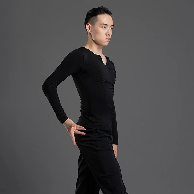 Soft Ballroom Dance Tops Men Stage Costume Salsa Dance Wear Black Latin Practice Wear Long Sleeve Modern Dancer Outfit JL3706