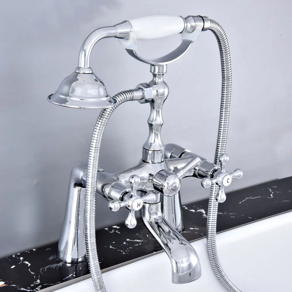 

Deck Mounted Polished Silver Chrome Brass Bathroom Tub Faucet Set with 150CM Handheld Shower Spray Head Bath Mixer Tap 2tf770