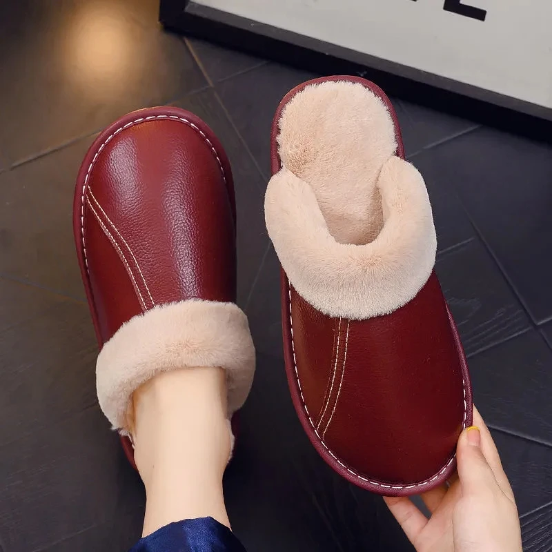 

Brand genuine leather house shoes for womens slippers furry slides female indoor warm slippers