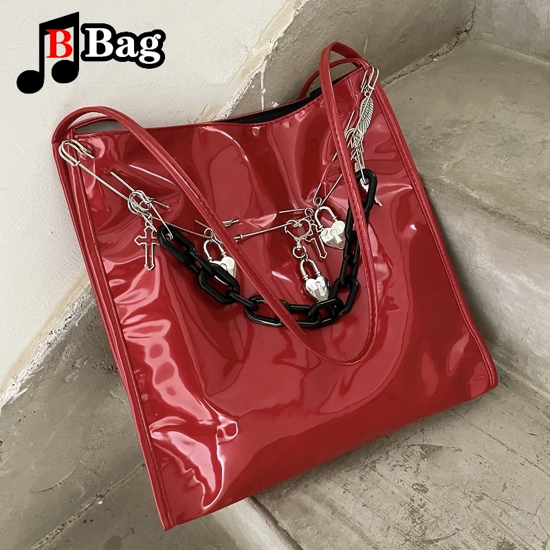 Women Y2K Retro Red Patent Leather Single Shoulder Bags Underarm Bag Hot Girls Handbag Female Punk Chain Large capacity Tote