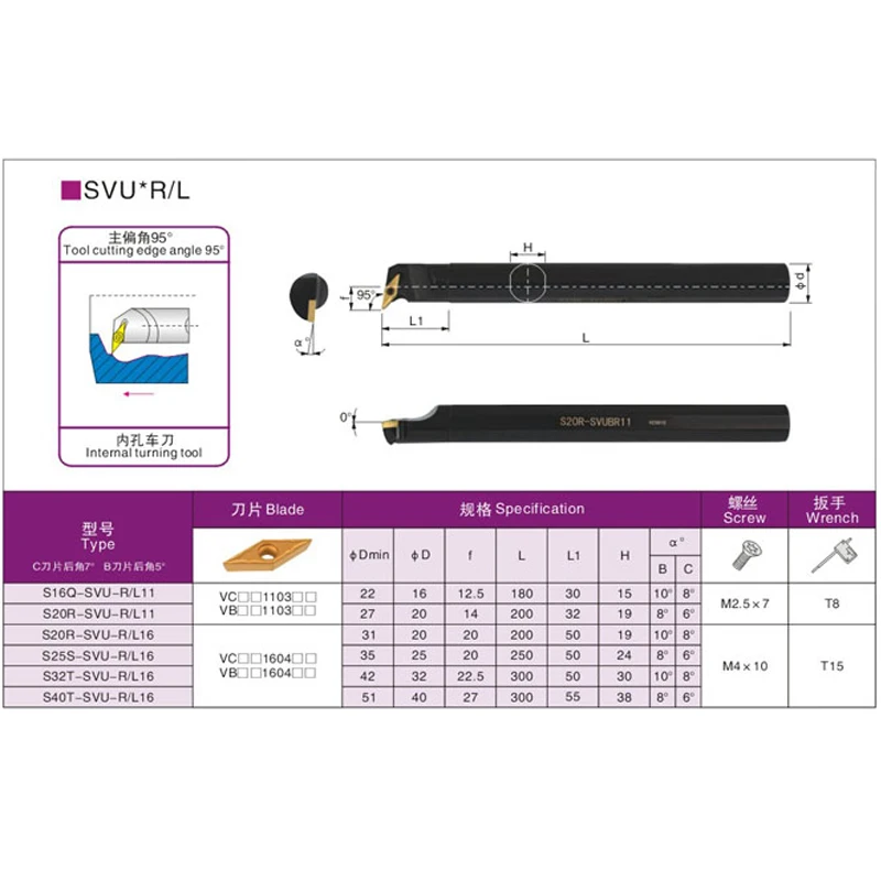 S16Q-SVUBR11 CNC Batang Bor, 16*180Mm Alat Balik Internal, Alat Pemotong Bubut 95 Derajat, Pemegang Alat Putar untuk Sisipan VCMT1103