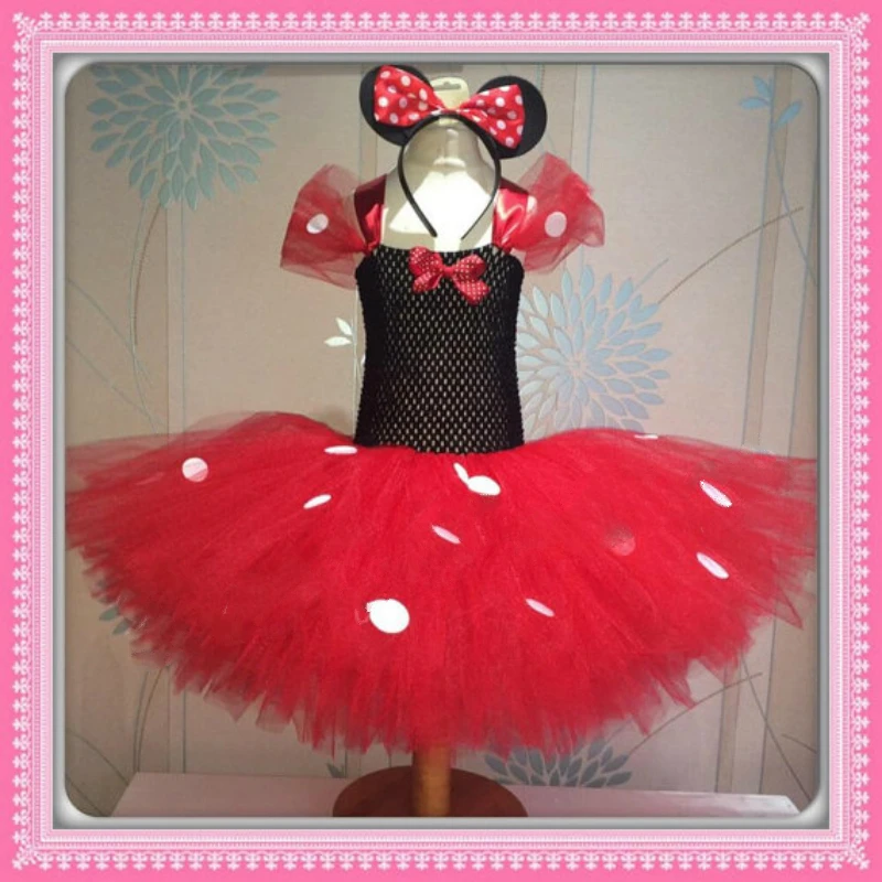 Baby Girls Red Mickey Minnie Tutu Dress Kids Crochet Tulle Dress with White Dot and Hairbow Children Cosplay Party Costume Dress
