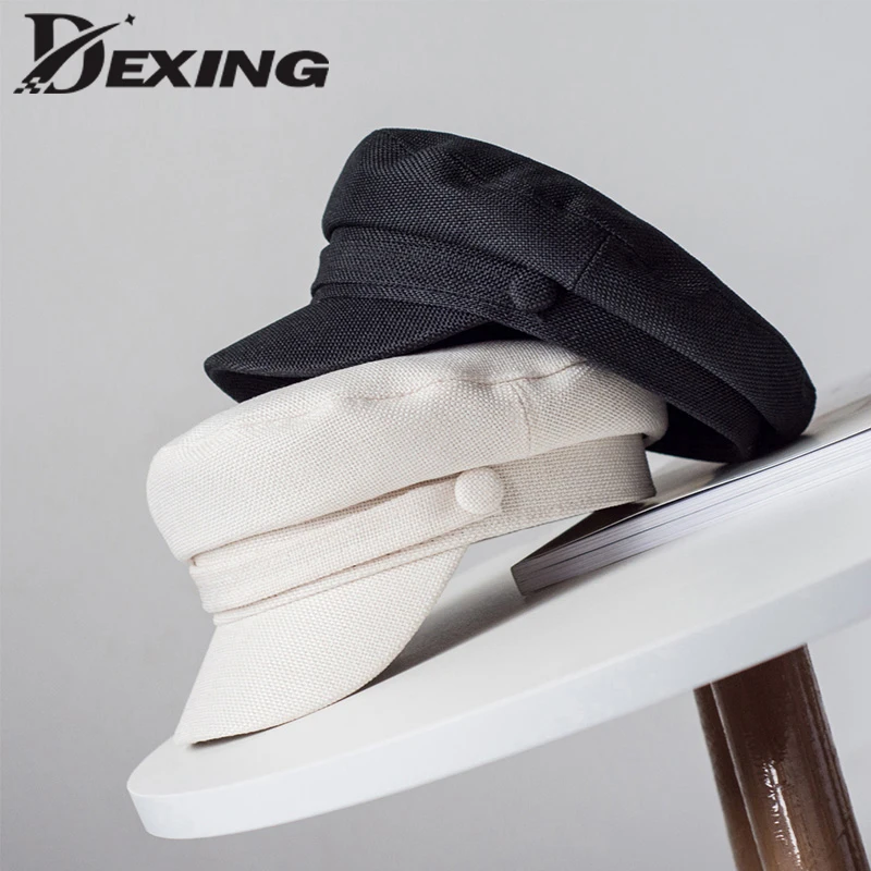 Fashion Spring Summer  Military Hat  Sailor Hat for Women  Black White  Flat Top Female Travel Cadet Hat Captain Cap