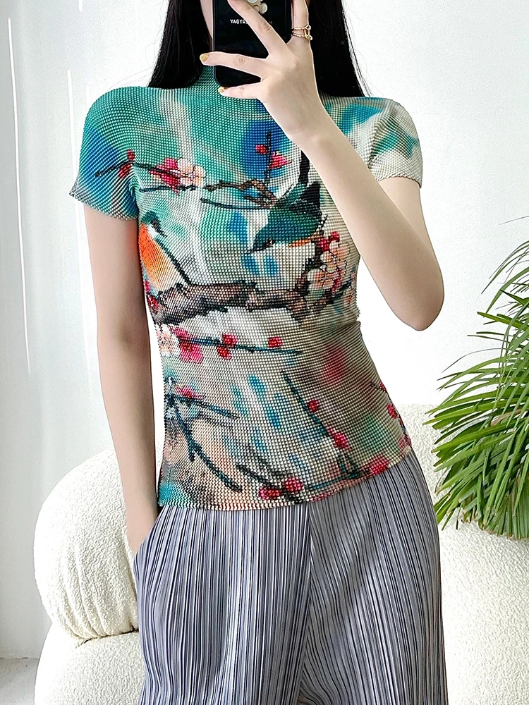 HOT SELLING  Miyake print short sleeve fashion fold stand collar Slim fit T-shirts  IN STOCK