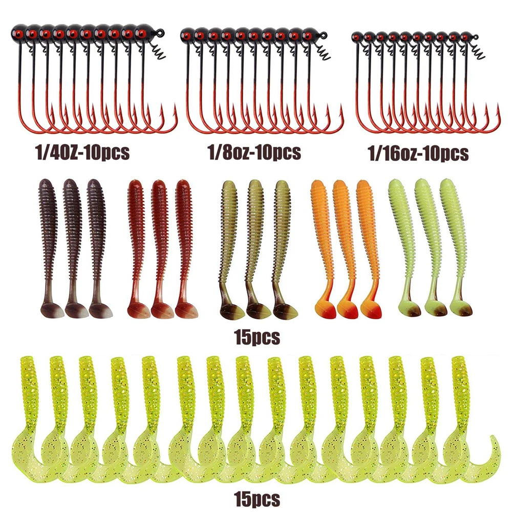 60Pcs/box  Soft Grub Worm Lures with Shaky Head Jig Hooks Lure accessories Kit Football Jig Head bait Trout Bass lure fishing