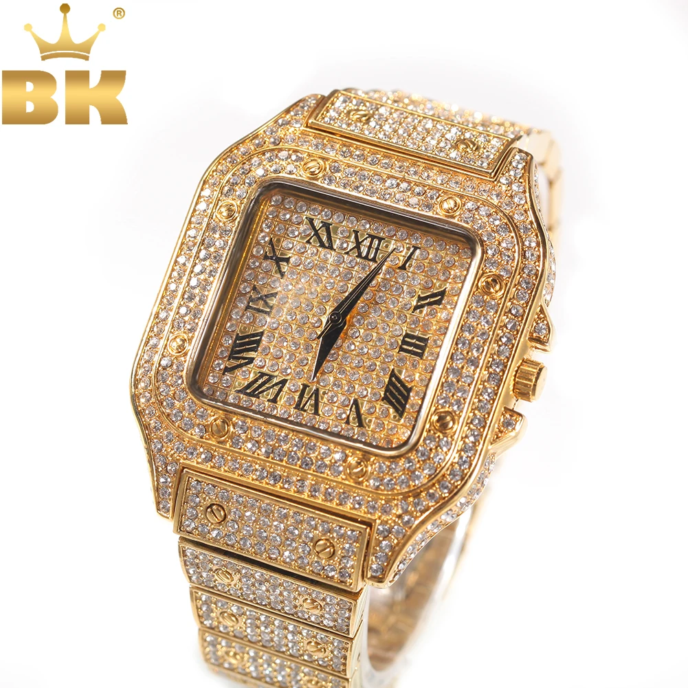 THE BLING KING Iced Out Men Watch Square Diamond Quartz Luxury Mens Wrist Watches Gold Roman Steel Clock Relogio Masculino