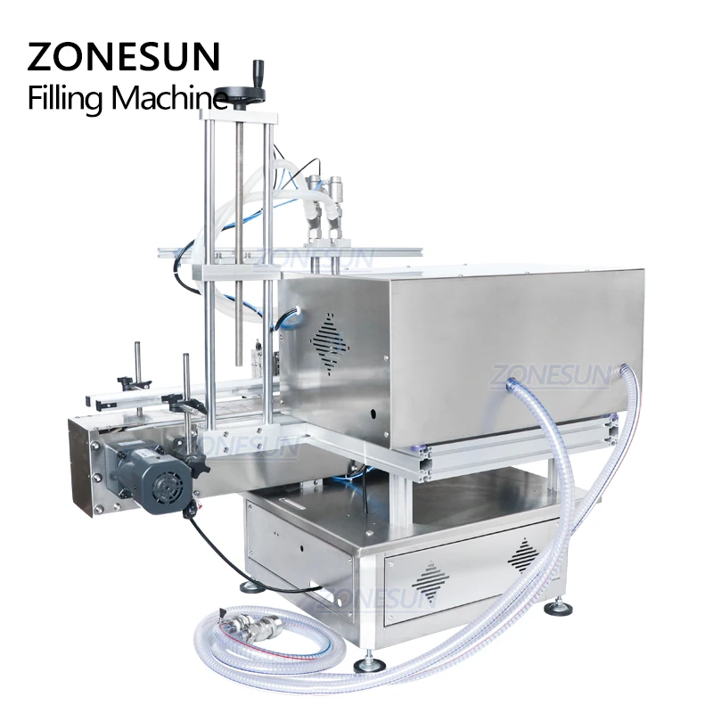 ZONESUN Desktop Automatic Filling Machine Gel Juice Liquid Shampoo Double Heads  Beverage Bottle Filler With Chain Conveyor