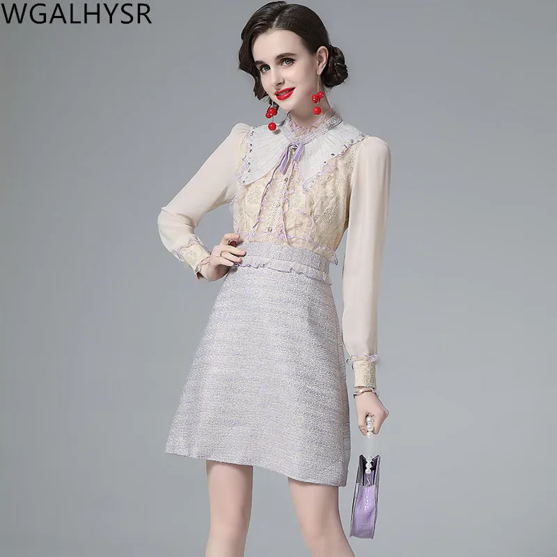 

2024 Luxury Embroidery A Line Dress Spring Women Beading Ruffles Patchwork Tweed Flower Stand Collar Party Dress Vestidos