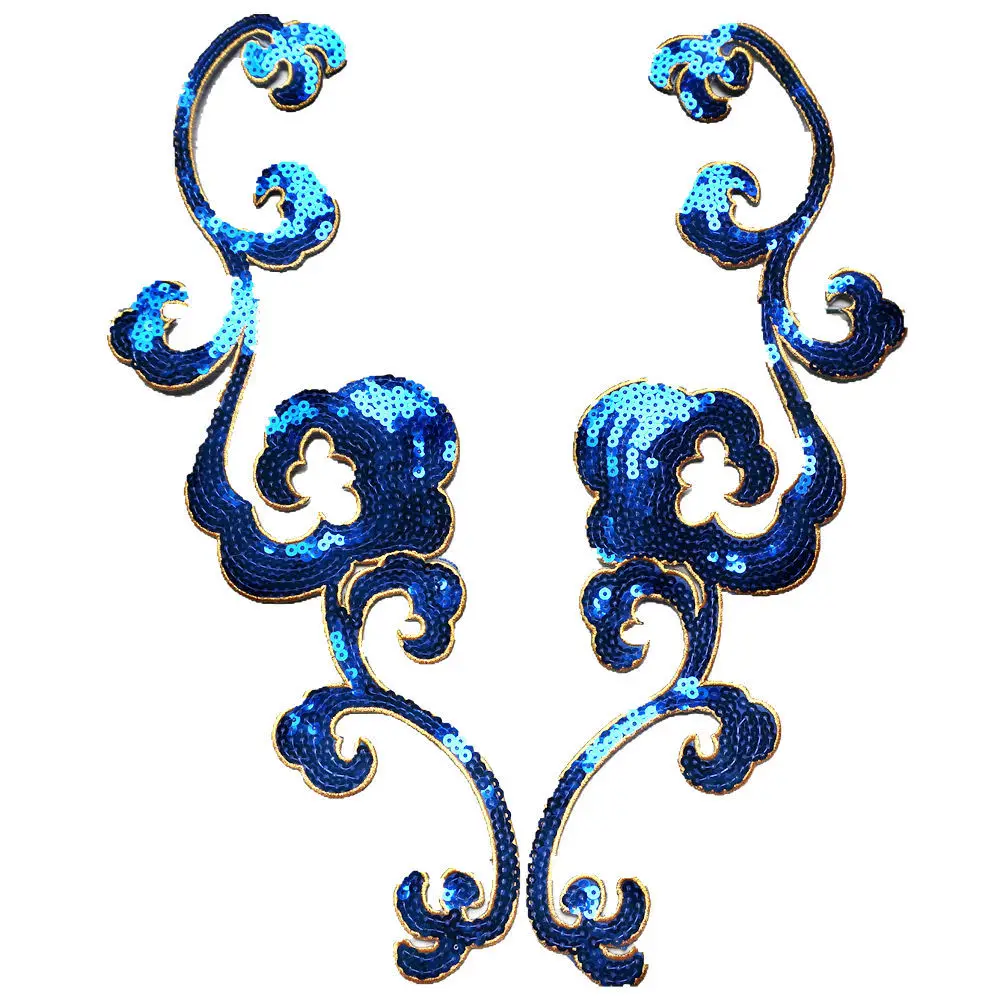2PCS Gold Silver Sequin Flora Appliques Collar Patches Sew Iron On Badges For Dress DIY Wedding Decoration Craft Blue Red Pink