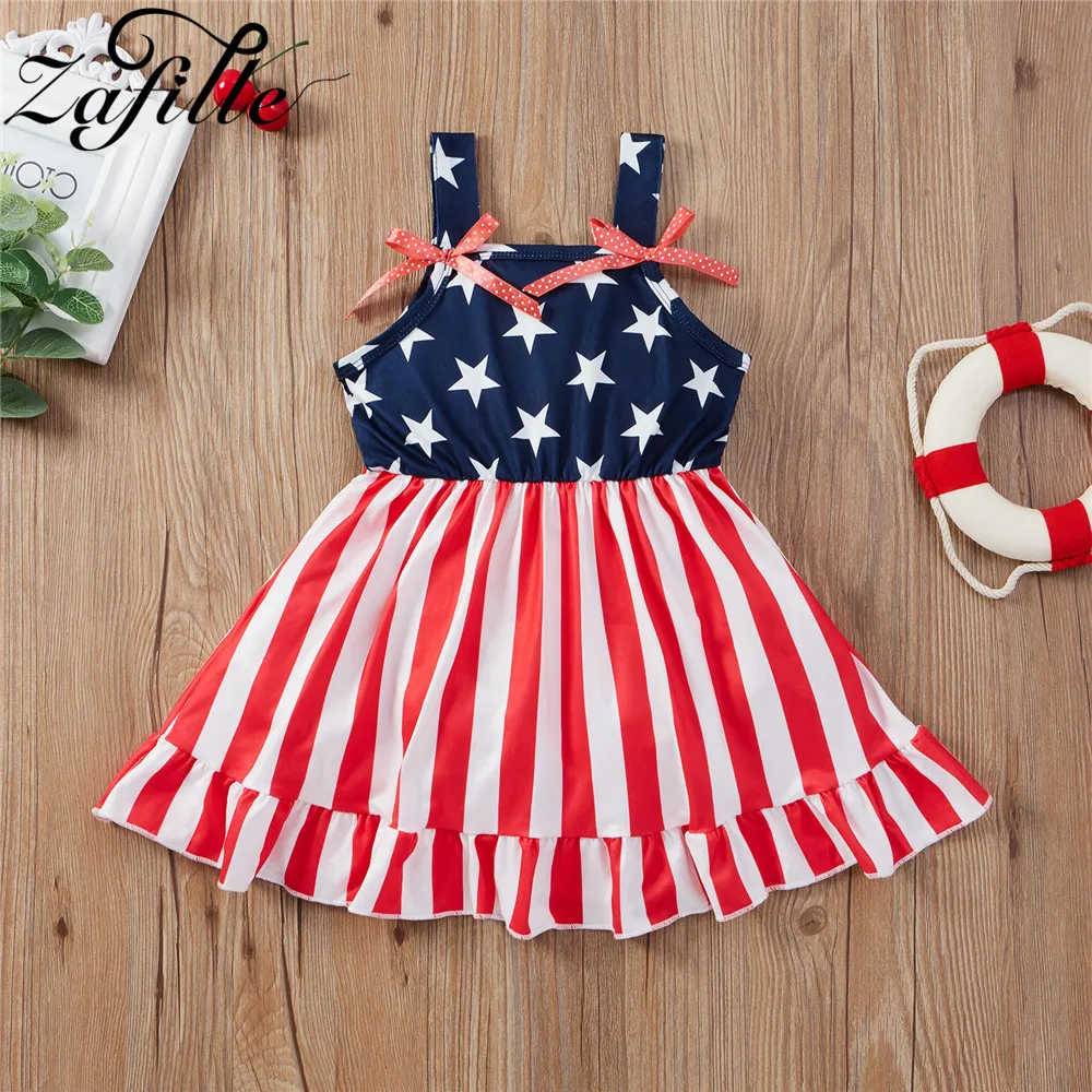 

ZAFILLE 4th Of July Dress Girl Outfit Ribbed Independance Day Children Dresses Stars Suspender Toddler Girl Dress Flag Day