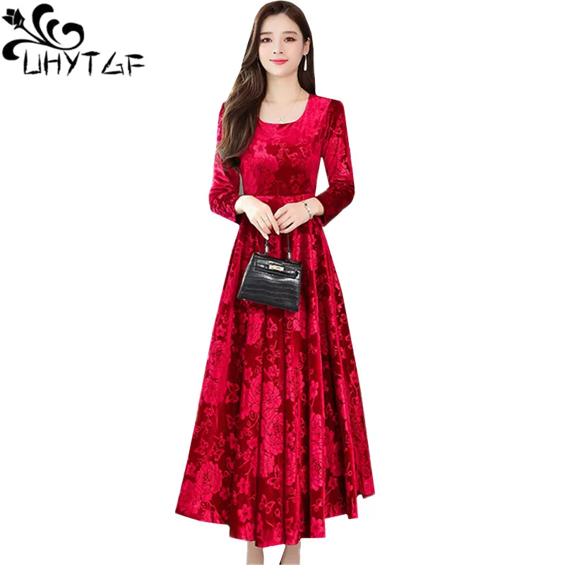 

UHYTGF Fashion gold velvet autumn winter dress women long-sleeved pullover big swing long dress Korean 3XL big size dresses 1639