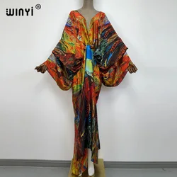 Robe longue de plage en soie, caftan, sensation de soie, rayonne, imprimé, à la mode, WINYI, Maxi, col en v, style bohème, 2021