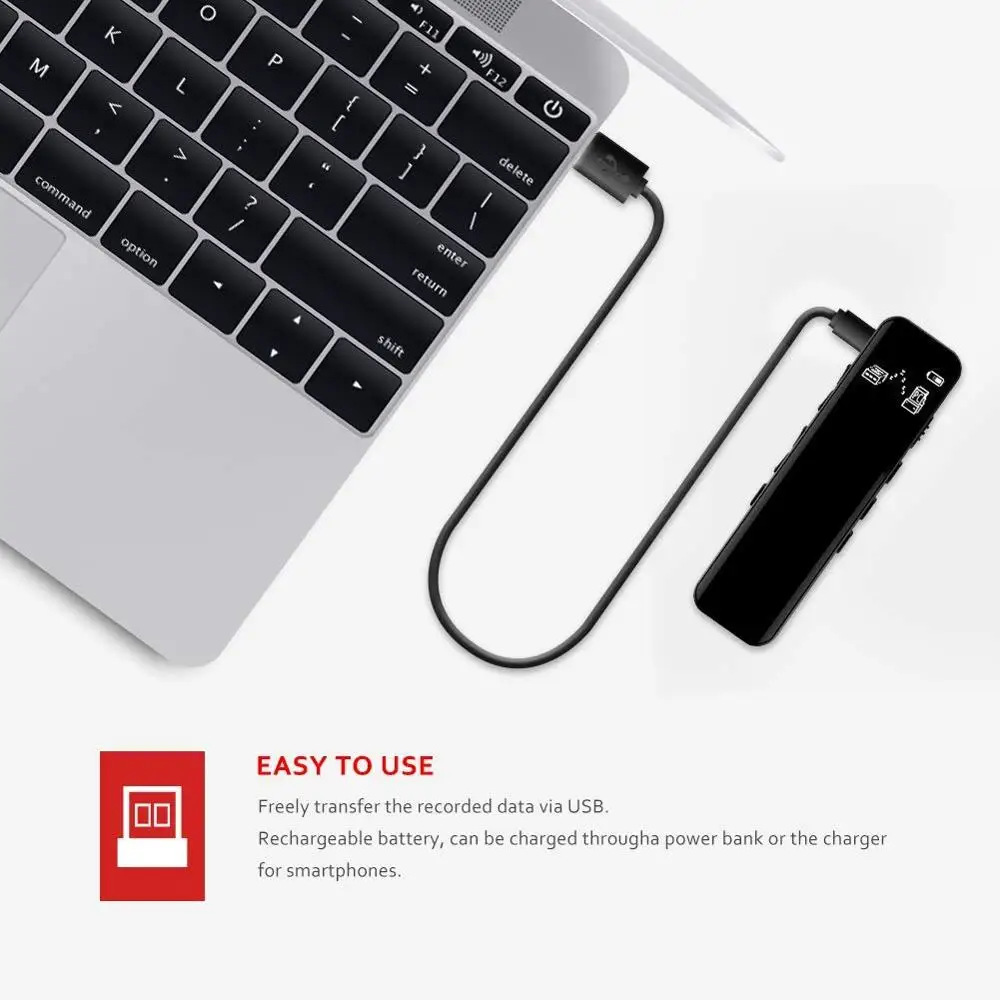 Vandlion 디지털 활성화 음성 녹음기, 핫키 사운드 오디오 녹음, 더블 마이크, 소음 감소 잠금, 3D 엣지 스크린