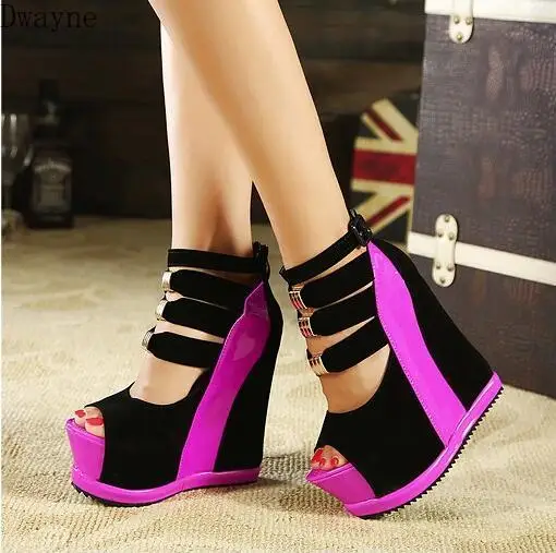 Woman Shoes Summer Genuine Women Platform Thick Soles Sandals Wedges High heel 14cm Peep Toe Mixed Colors Sexy Shoes uij89