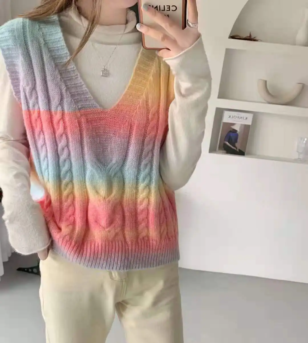 Sweter kamizelka damska dekolt w serek nadruk tęcza Casual koreański styl nastolatki Chic moda jesień zima bez rękawów dziewczyny Twist swetry y2k